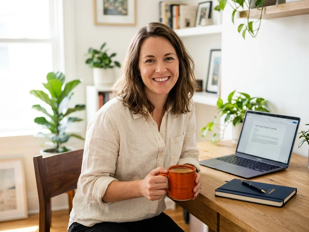 Camille Fontaine, chargée de projets SEO local, souriante à son poste de travail chez l'agence de Noisy-le-Grand.