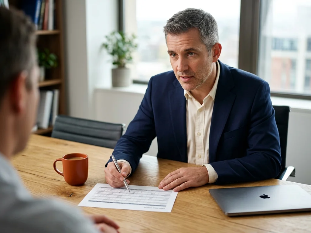 Consultant SEO présentant une grille tarifaire détaillée lors d'un rendez-vous client à Noisy-le-Grand.