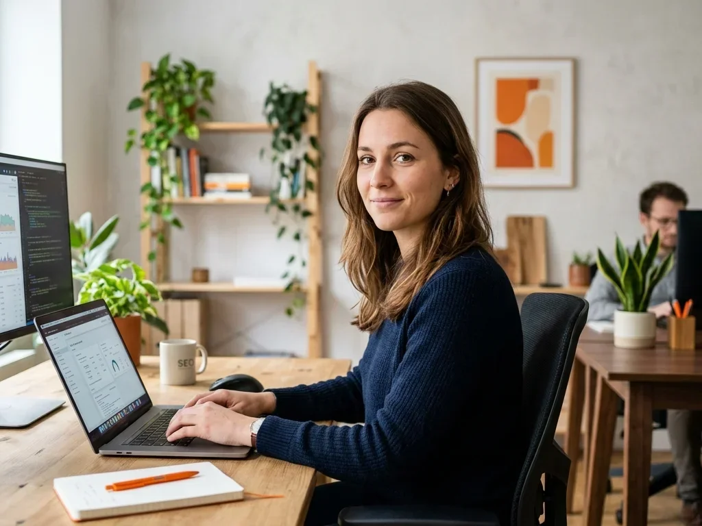 Expert SEO en pull marine analysant des dossiers techniques dans un bureau lumineux de Noisy-le-Grand.