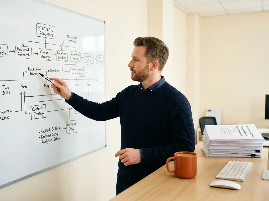 Expert SEO expliquant un plan d'action sur-mesure sur un tableau blanc pour optimiser la stratégie.