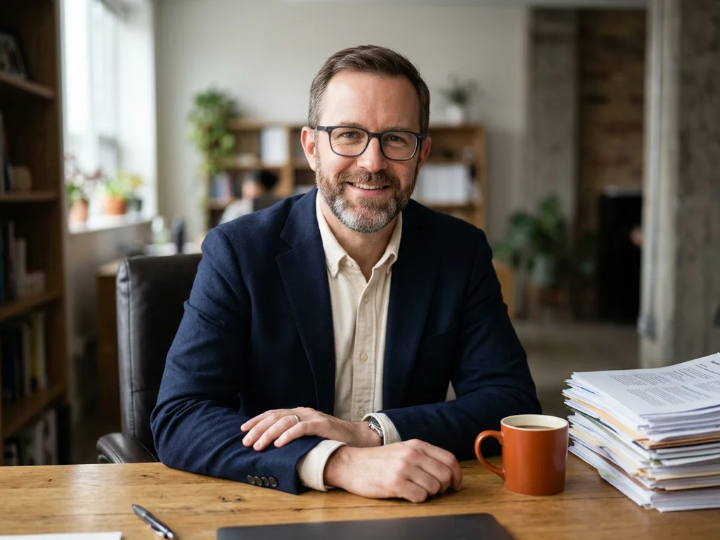 Marc Dubois, fondateur de NoisyRank, pose avec assurance dans son bureau pour son équipe d'experts SEO.
