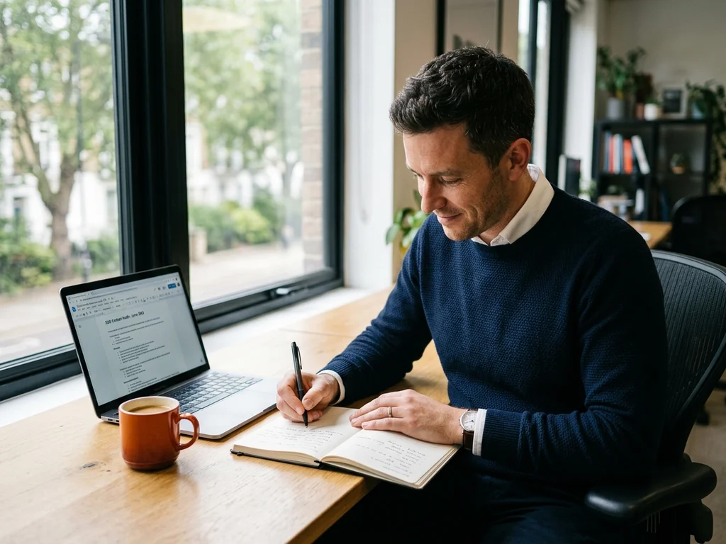Yanis Haddad, rédacteur SEO, élabore une stratégie de contenu dans un bureau moderne et lumineux.